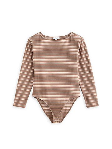 Gilli Women's Gwynne Long Sleeve Knit Bodysuit in Mocha-Cream Stripe (view 1)