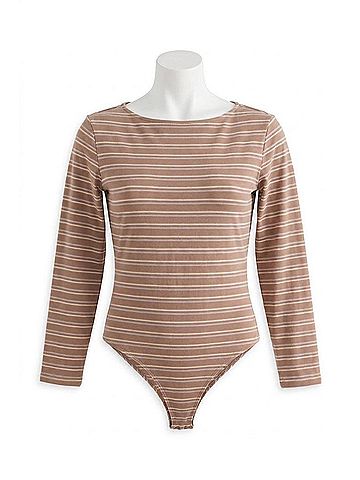 Gilli Women's Gwynne Long Sleeve Knit Bodysuit in Mocha-Cream Stripe (view 2)