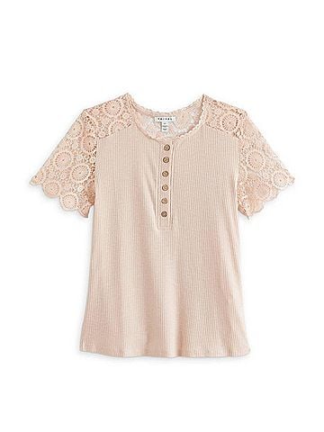 Tribal Women's Juniper Short Sleeve Henley Knit Top Petite in Seashell (view 1)
