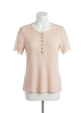Tribal Women's Juniper Short Sleeve Henley Knit Top Petite in Seashell (view 2)