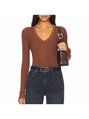 Enza Costa Silk Rib Long Sleeves U-Neck Top in Nutshell (view 2)