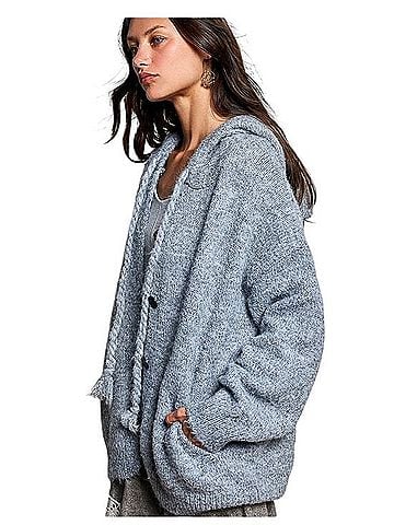 Pol Steel Blue Hooded Button Down Cardigan Cardigan (view 2)