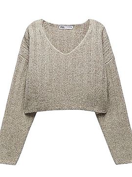 Zara Cropped Ribbed V-Neck Sweater Pullover Sweater (view 2)