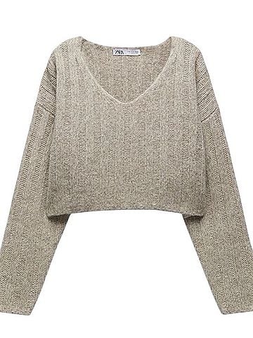 Zara Cropped Ribbed V-Neck Sweater Pullover Sweater (view 2)