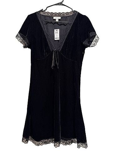 Topshop Black Velvet Lace-Trim Tie-Front Chemise Casual Dress (view 1)