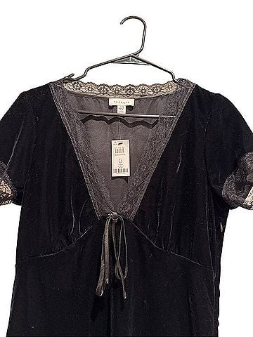 Topshop Black Velvet Lace-Trim Tie-Front Chemise Casual Dress (view 2)
