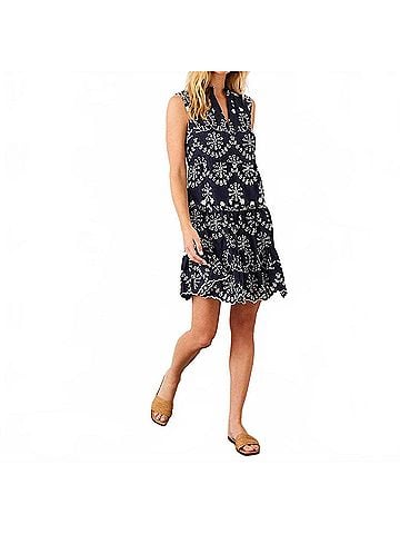 Karen Kane Sleeveless Eyelet Dress - Petite Petite in Navy With Off White (view 2)