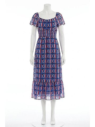 Maggy London Geometric Smocked Waist Midi Dress in Bright Blue (view 1)