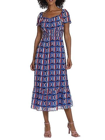 Maggy London Geometric Smocked Waist Midi Dress in Bright Blue (view 2)
