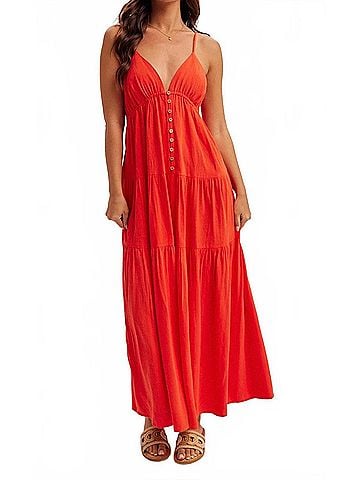 Hem & Thread V-Neck Tiered Maxi Dress in Orange (view 2)
