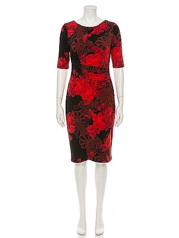 Connected Apparel Floral 3/4 Sleeve Sheath Dress in Red (view 1)