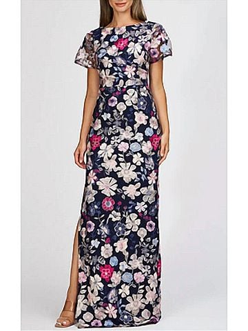 JS Collections Magnolia Pleat-Sleeve Gown in Navy Multi (view 2)