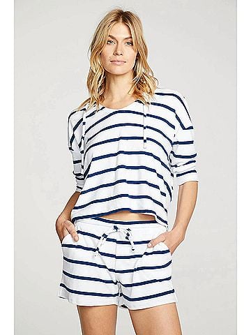Chaser Terry Cropped 3/4 Sleeve Pullover Hoodie in Striped (view 2)