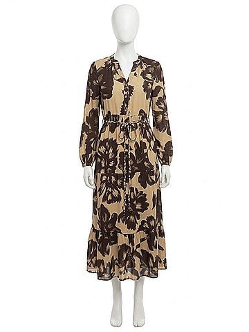ABS Collection Earthy Tiered Midi Floral Dress in Cream Brown (view 1)