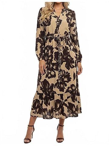 ABS Collection Earthy Tiered Midi Floral Dress in Cream Brown (view 2)