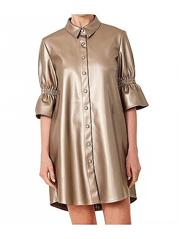 Dolce Cabo Vegan Leather Metallic Ruffle Sleeve Dress in Antique Gold (view 2)