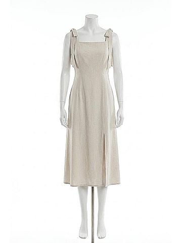 Hem & Thread Presley Tie Strap Slit Hem Midi Dress in Oatmeal (view 1)