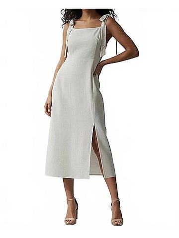 Hem & Thread Presley Tie Strap Slit Hem Midi Dress in Oatmeal (view 2)