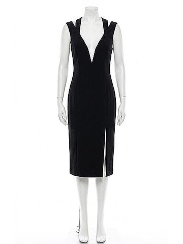 Keepsake Sleeveless Plunging Stretch Midi Sheath Dress in Black (view 1)