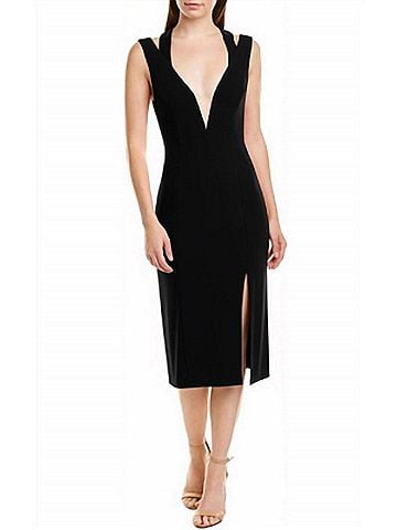Keepsake Sleeveless Plunging Stretch Midi Sheath Dress in Black (view 2)