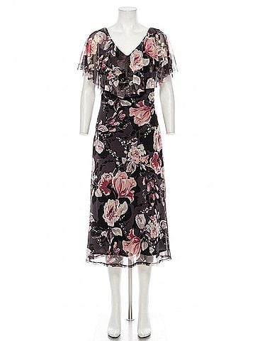 Connected Apparel Floral Print Cape Midi Dress in Navy (view 1)
