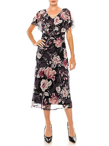 Connected Apparel Floral Print Cape Midi Dress in Navy (view 2)