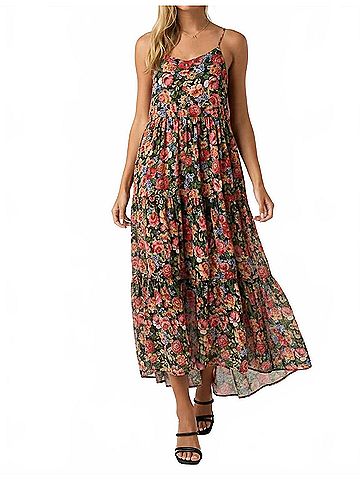 Mittoshop Evans Floral Tiered Maxi Dress in Black Red Chiffon (view 2)