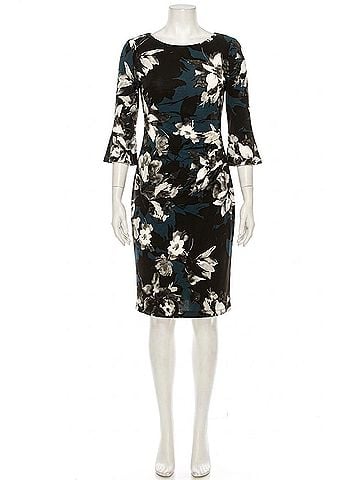 Connected Apparel Floral Print Pleated Waist Dress in Dark Mallard (view 1)