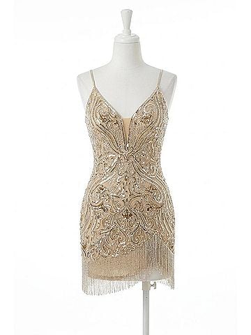 Scala Sequin Embellished Dress With Fringe Detail in Champagne (view 1)