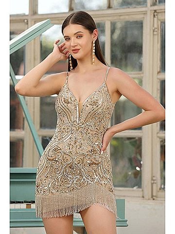 Scala Sequin Embellished Dress With Fringe Detail in Champagne (view 2)