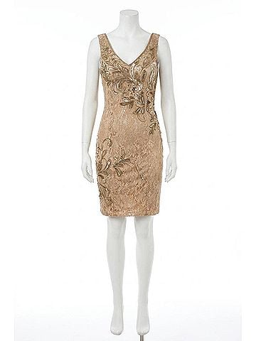 Sue Wong Sleeveless Bodycon Embellished Lace Dress in Taupe (view 1)