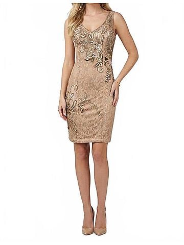 Sue Wong Sleeveless Bodycon Embellished Lace Dress in Taupe (view 2)