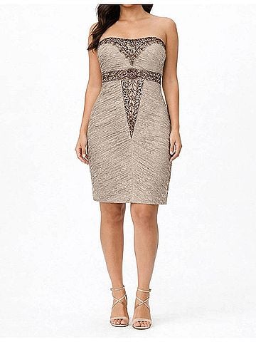 Sue Wong Strapless Beaded Empire Waist Lace Dress in Taupe (view 2)