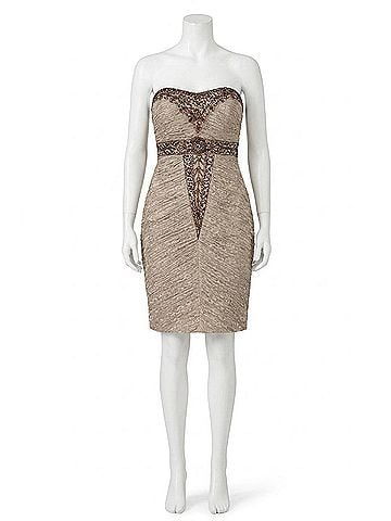 Sue Wong Strapless Beaded Empire Waist Lace Dress in Taupe (view 1)