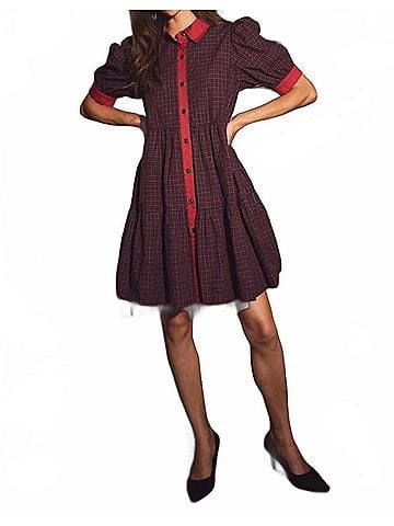 Oddi Checkered Plaid Babydoll Dress in Red (view 2)