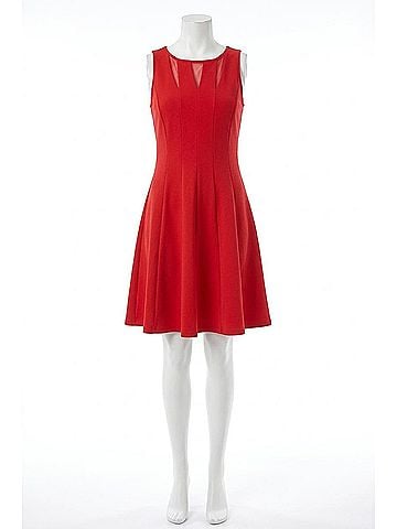 Gabby Skye Illusion Mesh Fit And Flare Party Dress in Tomato (view 1)
