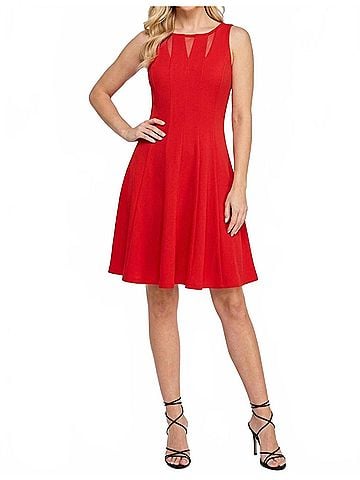 Gabby Skye Illusion Mesh Fit And Flare Party Dress in Tomato (view 2)