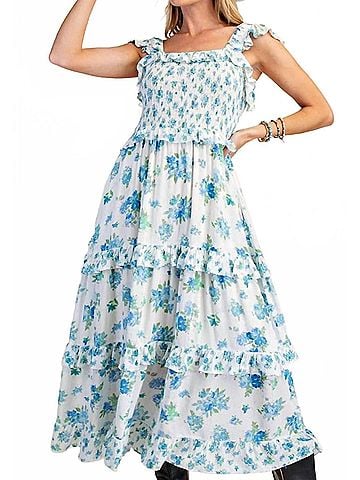 Easel Women's Linnea Printed Gauze Tiered Maxi Dress in Blue &amp; Cream (view 2)