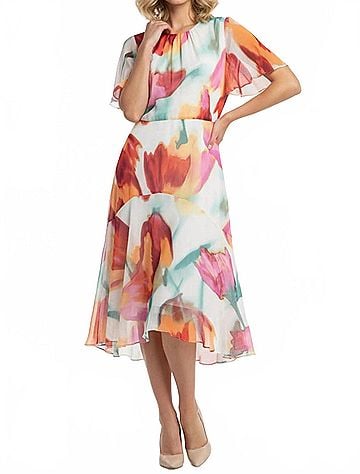 Maggy London Floral Chiffon Midi Dress in Cream Cord (view 2)