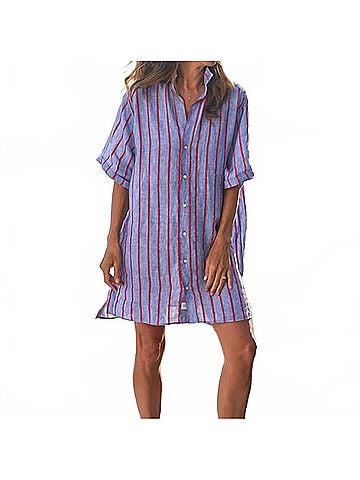 Frank & Eileen Rosemary Short-Sleeve Mini Shirtdress in Blue Red Textured Stripe (view 2)