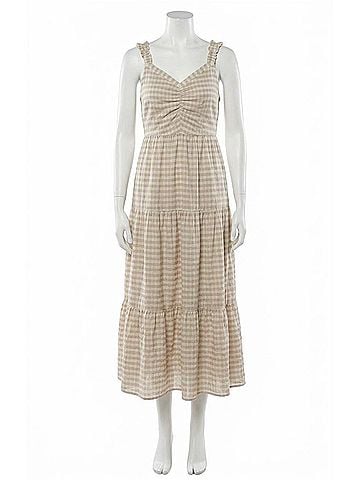 Ecru Mirren Gathered Front Tiered Dress in Eucalyptus Shadow Check (view 1)