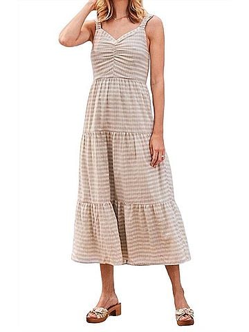 Ecru Mirren Gathered Front Tiered Dress in Eucalyptus Shadow Check (view 2)