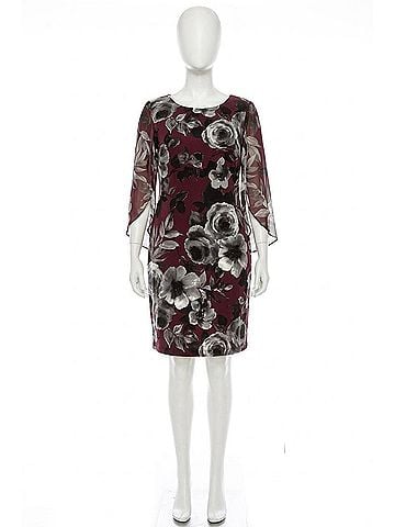 Connected Apparel Floral Split-Sleeve Sheath Dress in Burgundy (view 1)