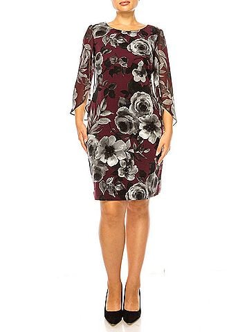Connected Apparel Floral Split-Sleeve Sheath Dress in Burgundy (view 2)