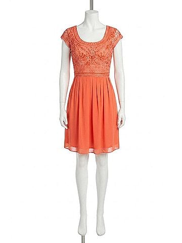 Sue Wong Soutache Embroidered Pleated A-Line Dress in Orange (view 1)