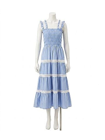 Karen Kane Stripe Sleeveless Tiered Midi Dress in Blue With Off White (view 1)