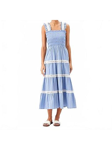 Karen Kane Stripe Sleeveless Tiered Midi Dress in Blue With Off White (view 2)