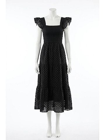 Mine Eyelet Square Neck Smocked Tiered Midi Dress in Black (view 1)