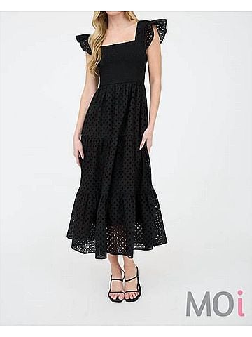 Mine Eyelet Square Neck Smocked Tiered Midi Dress in Black (view 2)