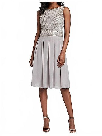 Sue Wong Sleeveless Beaded Bodice Pleated Dress in Platinum (view 2)